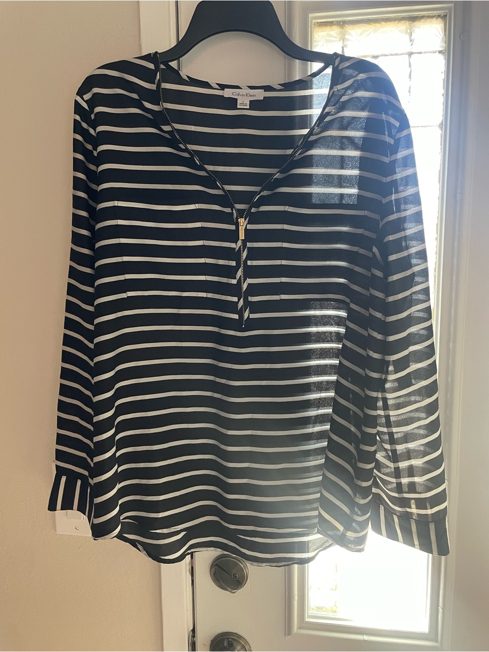Calvin Klein Navy and White Striped Zip-Neck Women's Blouse